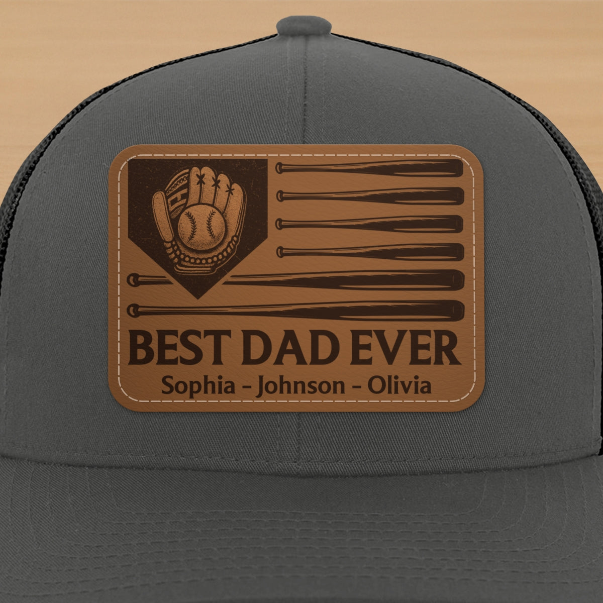 Dad's Home Run Best Dad Ever Baseball Themed Personalized Leather Patch Hat