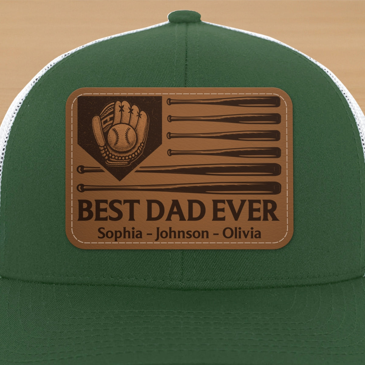 Dad's Home Run Best Dad Ever Baseball Themed Personalized Leather Patch Hat