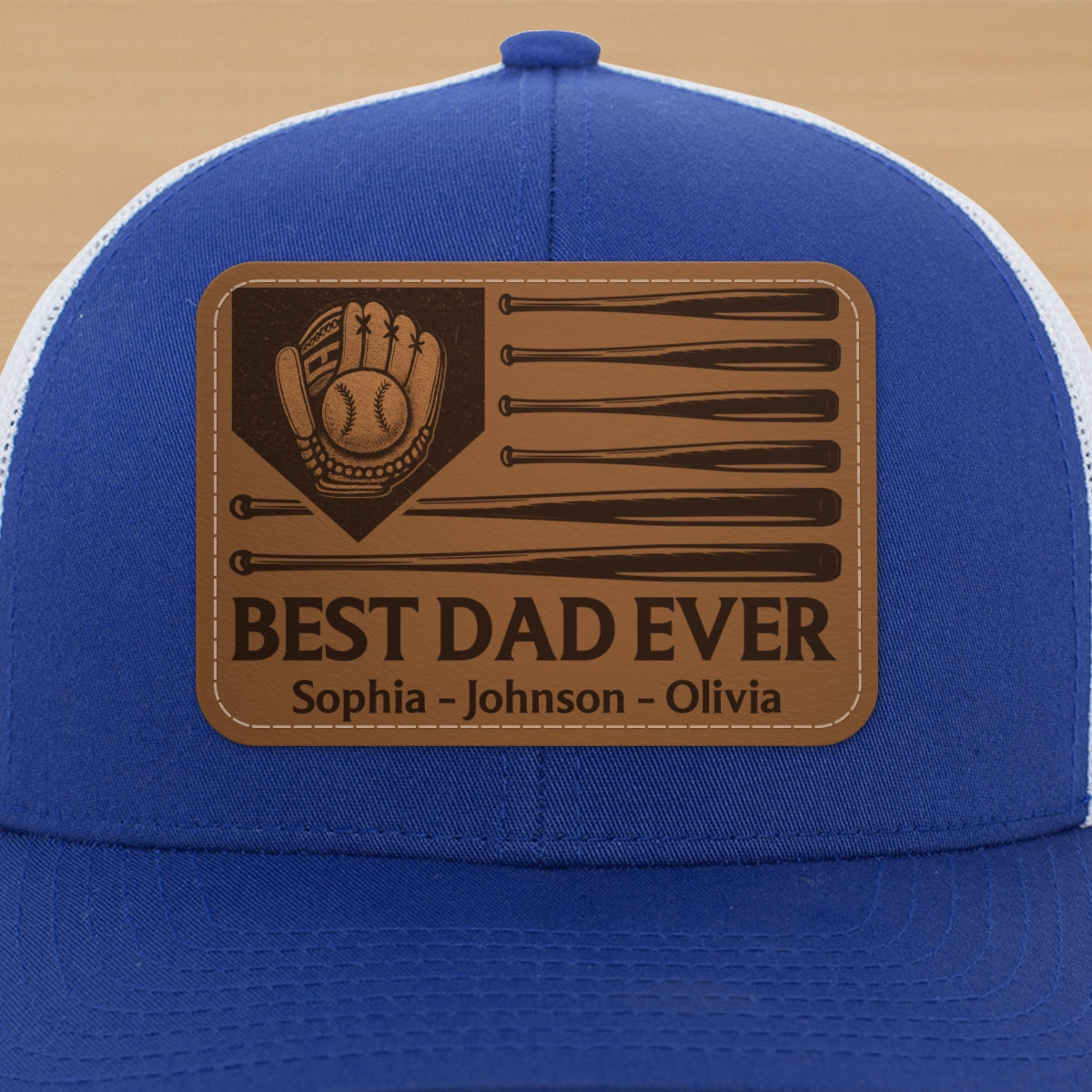 Dad's Home Run Best Dad Ever Baseball Themed Personalized Leather Patch Hat