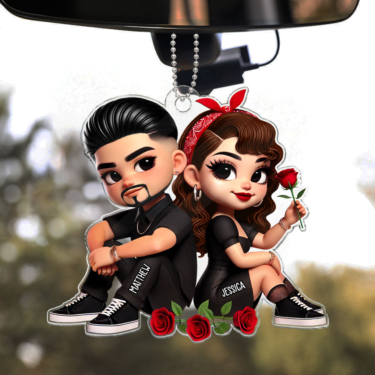 Pretty Couple Roses Heart Personalized Acrylic Car Hanger, Anniversary Gift, Gift for Couples