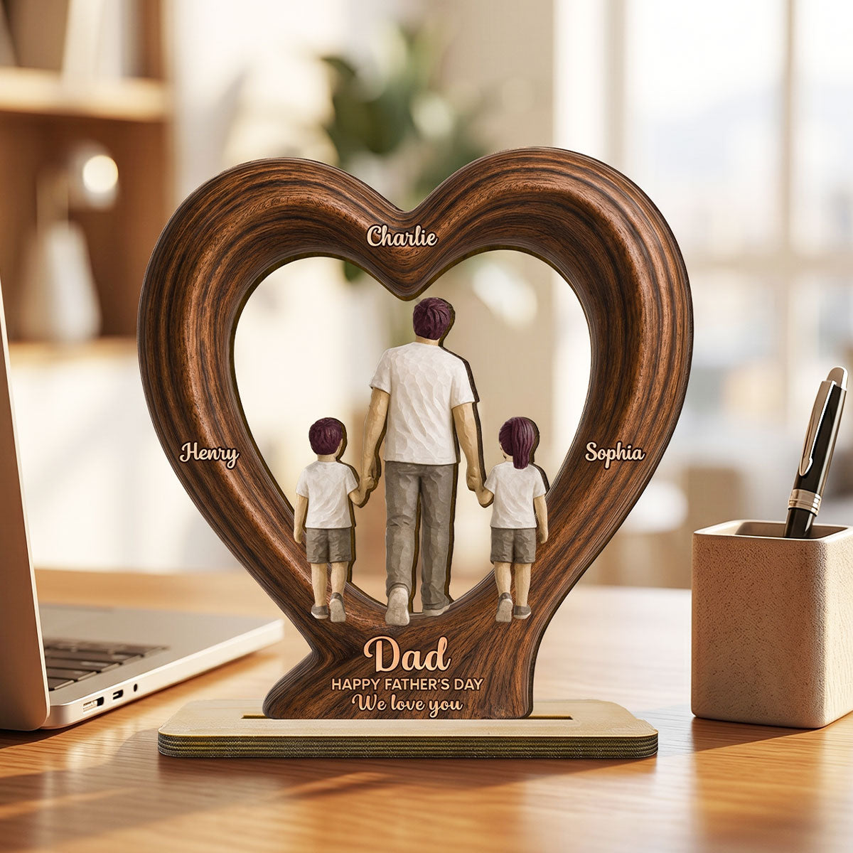 Sentimental Rustic Dad And Kids Walking In Heart 2D Flat - Personalized 2-Layered Wooden Plaque - Gift For Dad, Husband