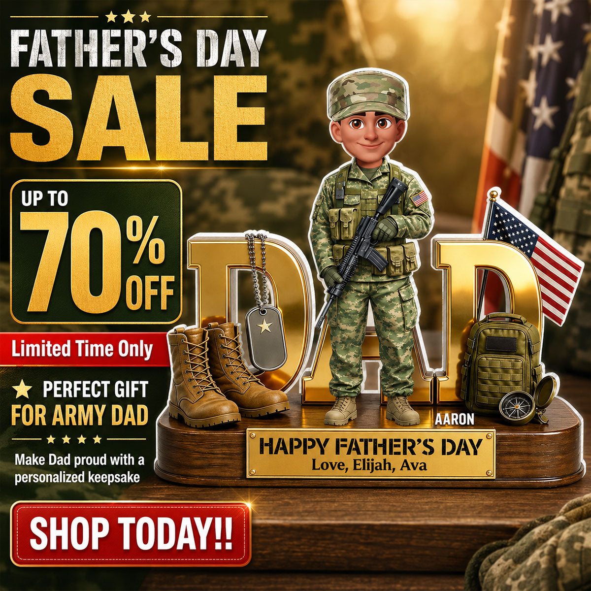 Proud American Military Armed Force Hero Dad 2D Flat - Personalized Acrylic Block Plaque - Gift For Dad
