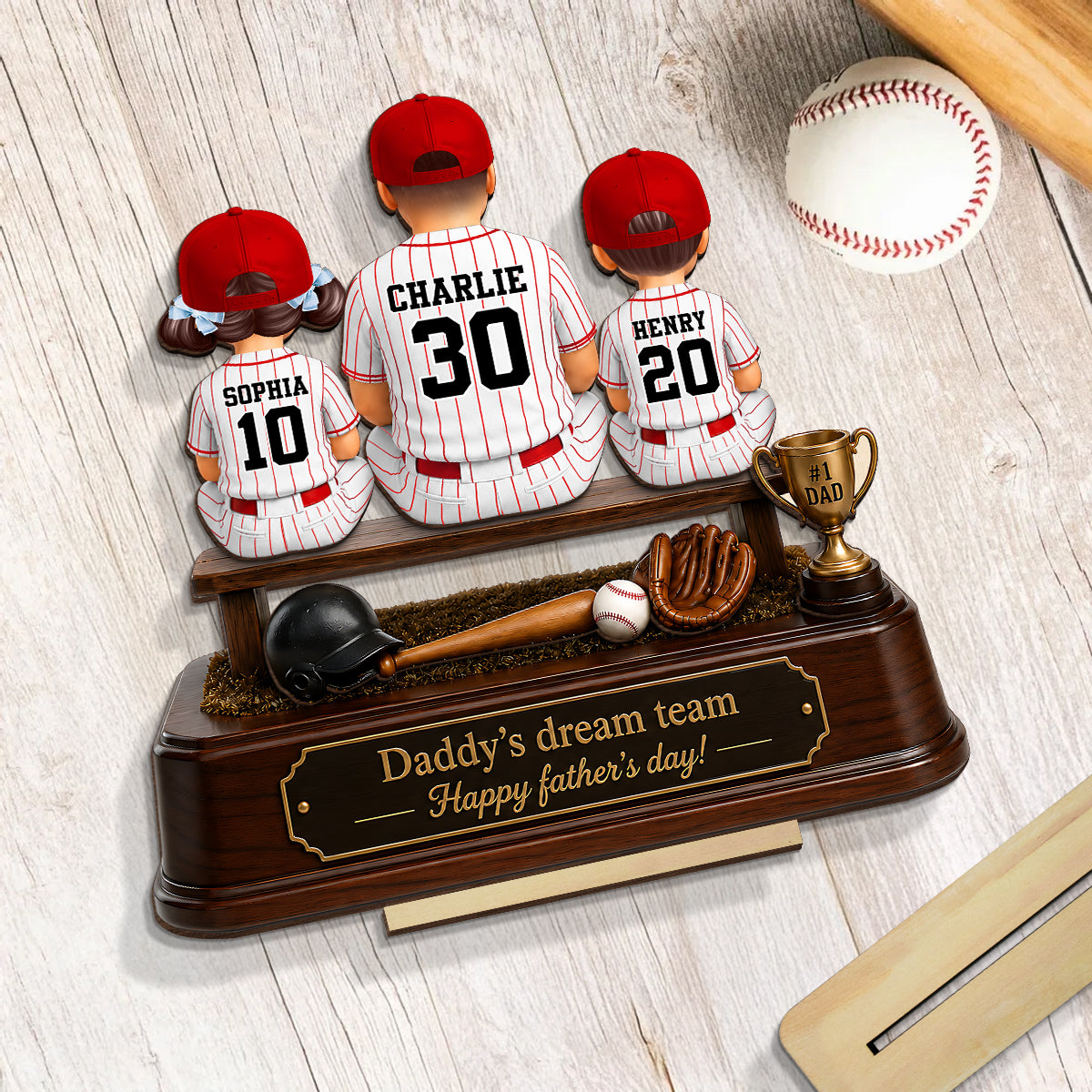 Baseball Daddy's Dream Team - Personalized 2-Layered Wooden Plaque - Gift for Dad, Husband