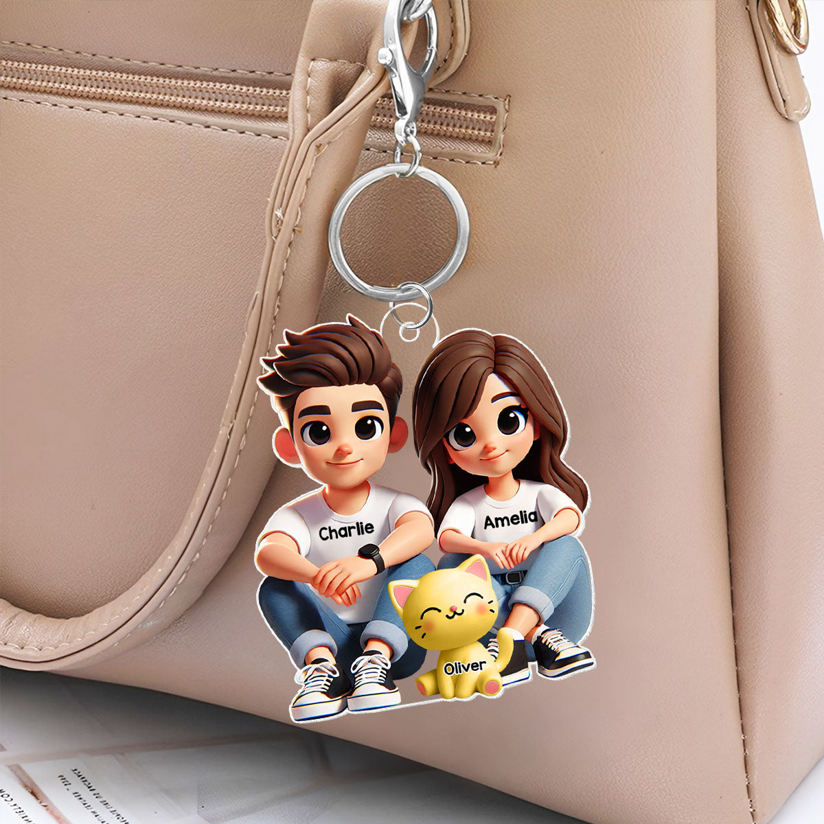 3D Effect Cute Couple And Dogs Cats Sitting Personalized Acrylic Keychain, Anniversary Gift, gift