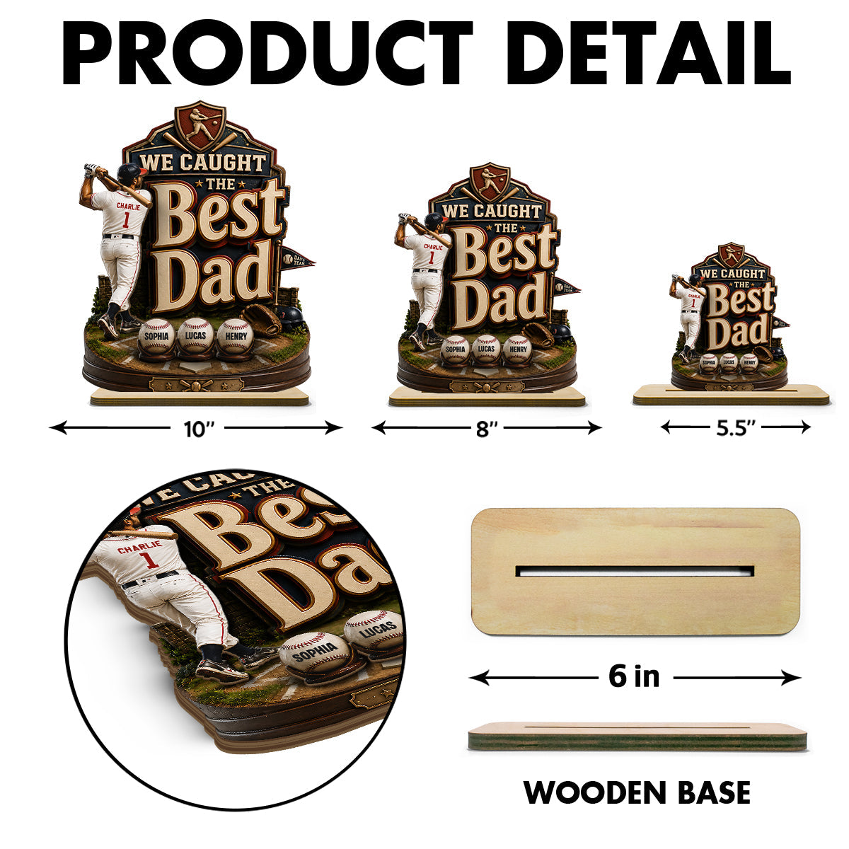 Baseball Dad & Kids We Caught The Best Dad - Personalized 2-Layered Wooden Plaque - Gift For Baseball Dad, Husband