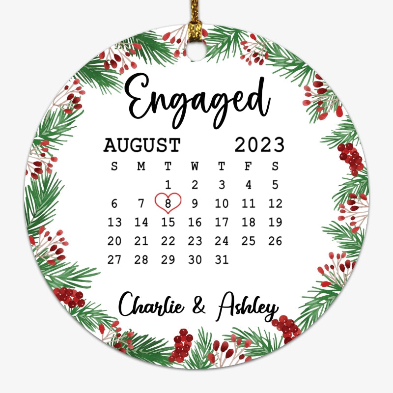Holly Branch Simple Calendar Date First Christmas Couple Married Engaged Personalized Circle Ornament