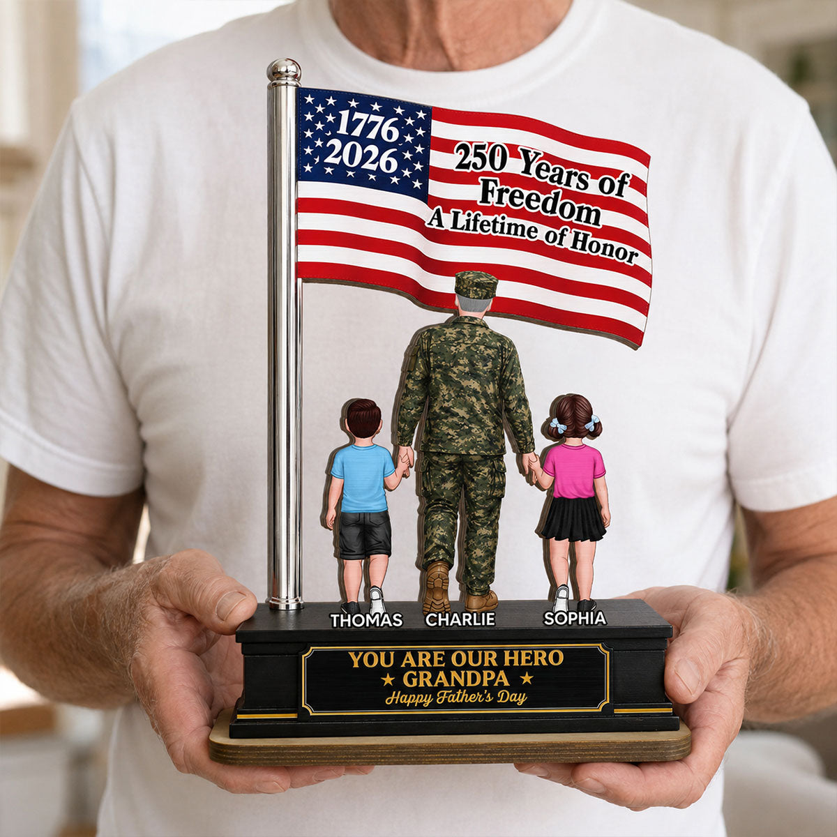 Proud American Military Veteran Grandpa Dad America 250th Anniversary - Personalized 2-Layered Wooden Plaque - Gift For Dad, Grandpa Husband
