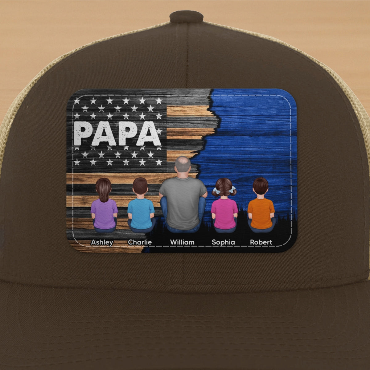 Dad Grandpa Papa Back View Sitting With Kids Half Nation Flag Personalized Leather Patch Hat