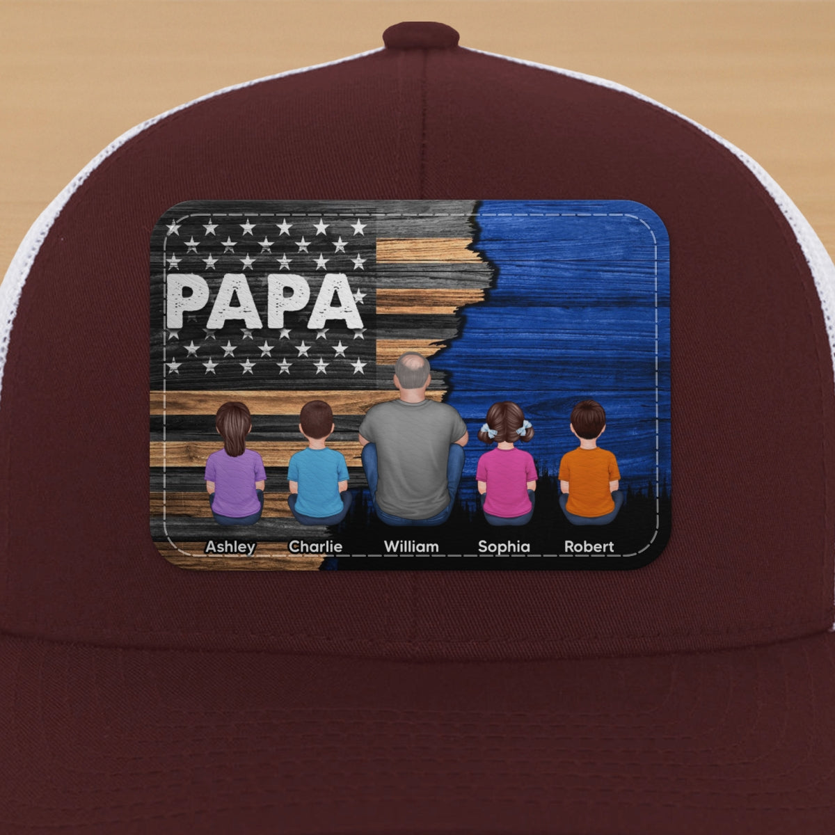 Dad Grandpa Papa Back View Sitting With Kids Half Nation Flag Personalized Leather Patch Hat