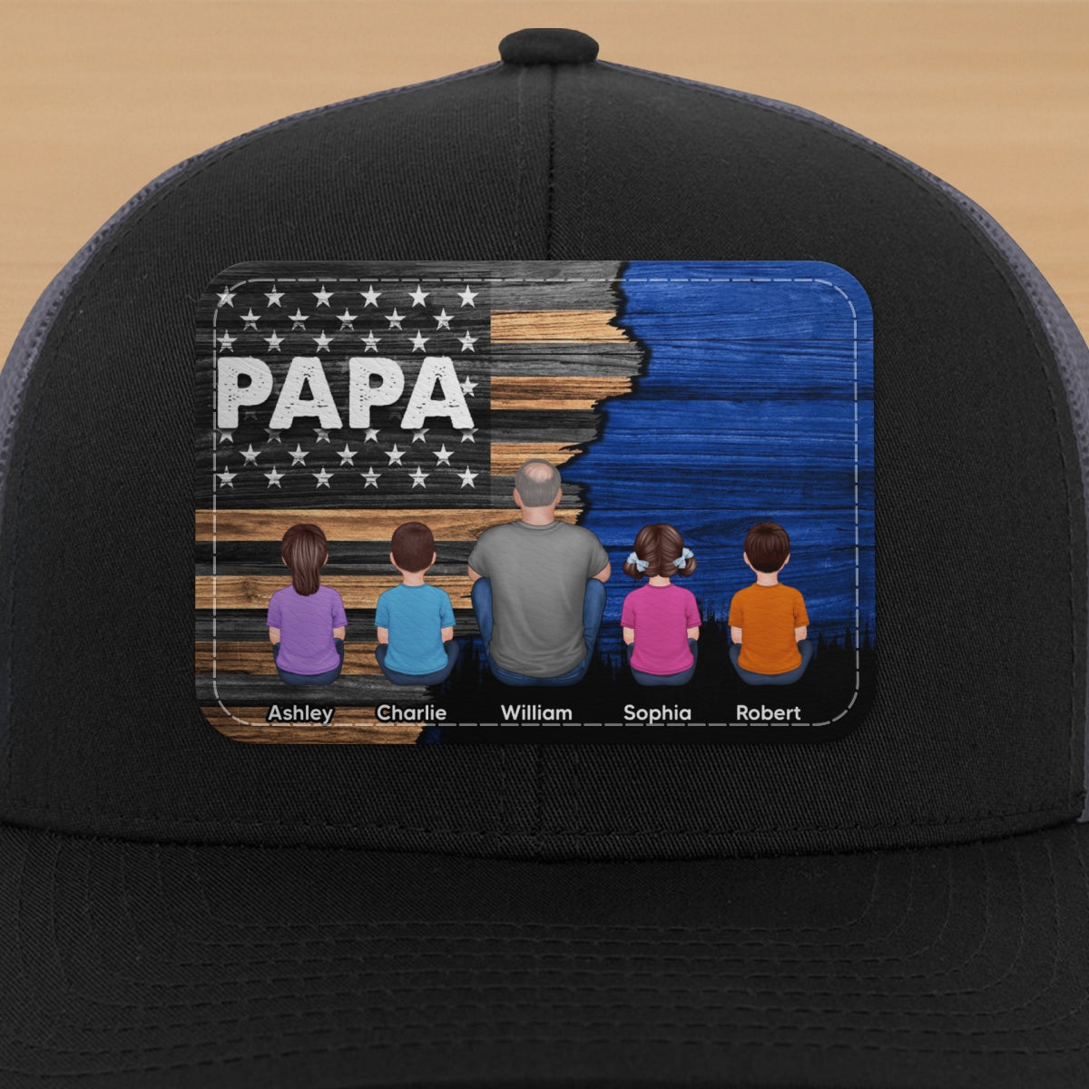 Dad Grandpa Papa Back View Sitting With Kids Half Nation Flag Personalized Leather Patch Hat