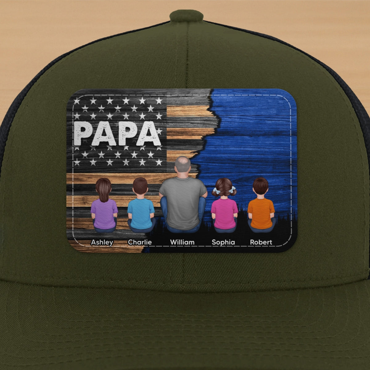 Dad Grandpa Papa Back View Sitting With Kids Half Nation Flag Personalized Leather Patch Hat