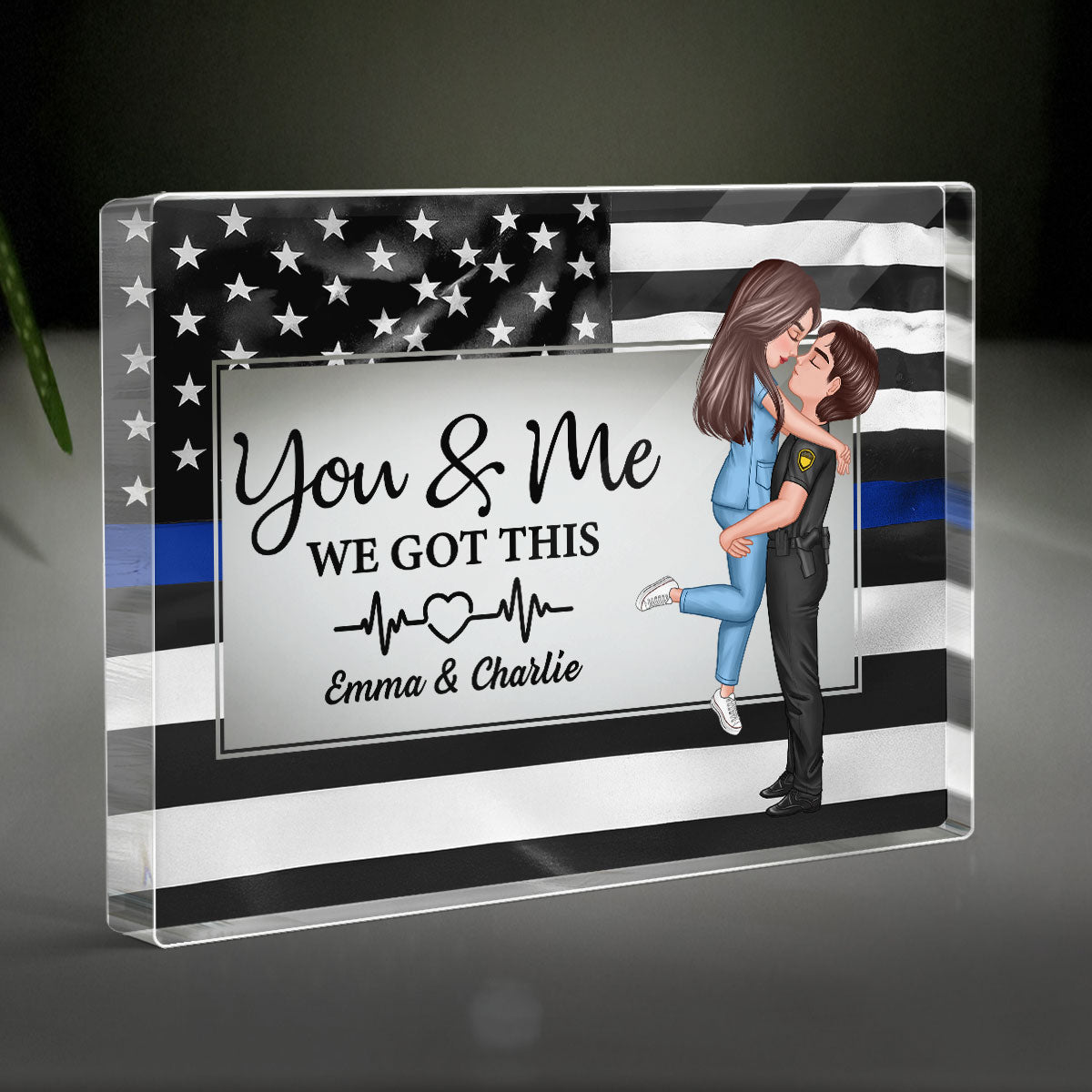 Hero Couple Patriotic USA Flag Personalized Acrylic Block Plaque, Anniversary Gift For Him, For Her