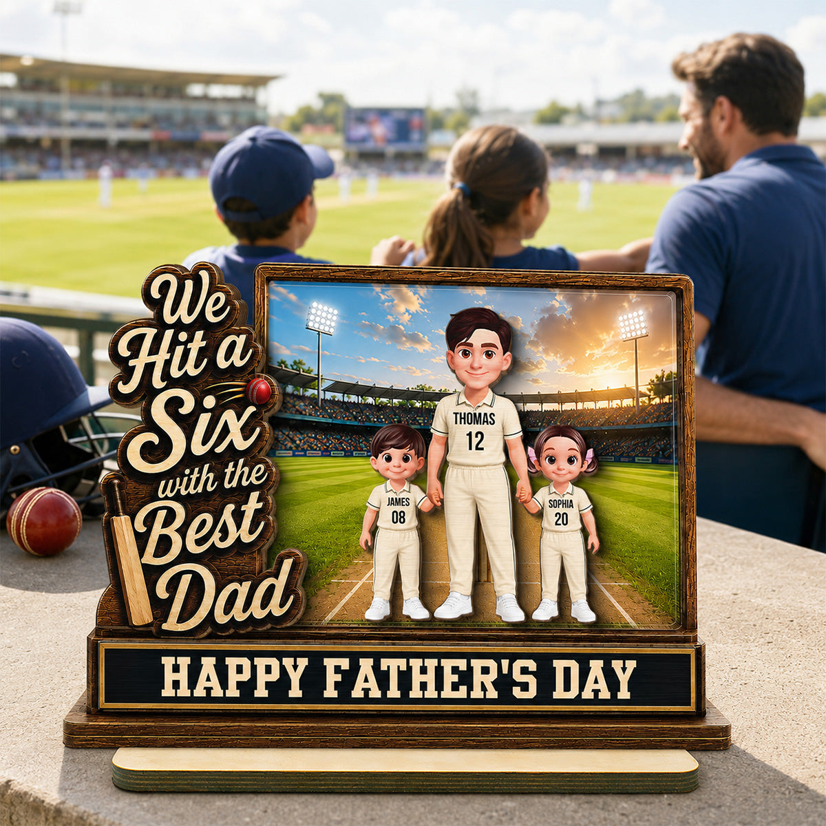 Hit A Six With The Best Dad Cricket Dad & Kids On Field 2D Flat - Personalised 2-Layered Wooden Plaque - Gift For Husband, Dad