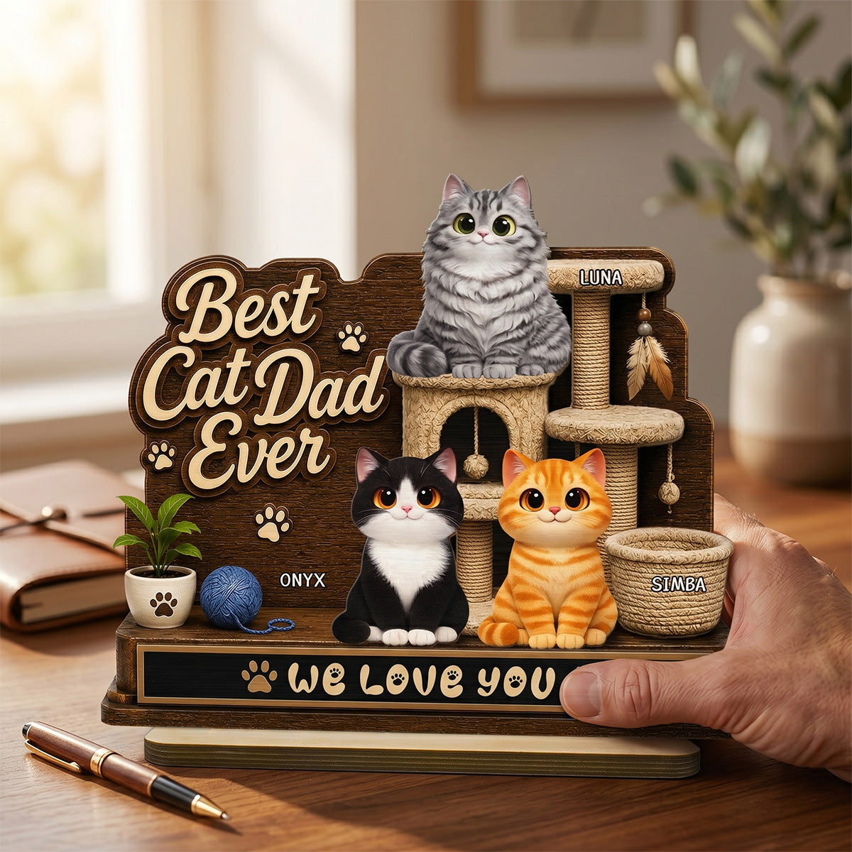Best Cat Dad Ever Cute Cats On Cat Tree 2D Flat - Personalized 2-Layered Wooden Plaque - Gift For Cat Dad