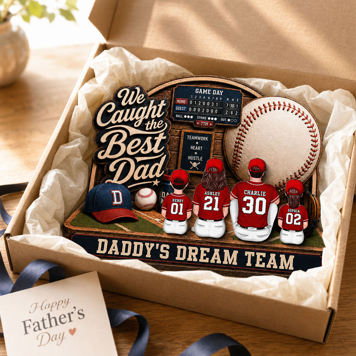 Baseball Things Dad & Kids Back View Sitting 2D Flat - Personalized 2-Layered Wooden Plaque - Happy For Baseball Dad