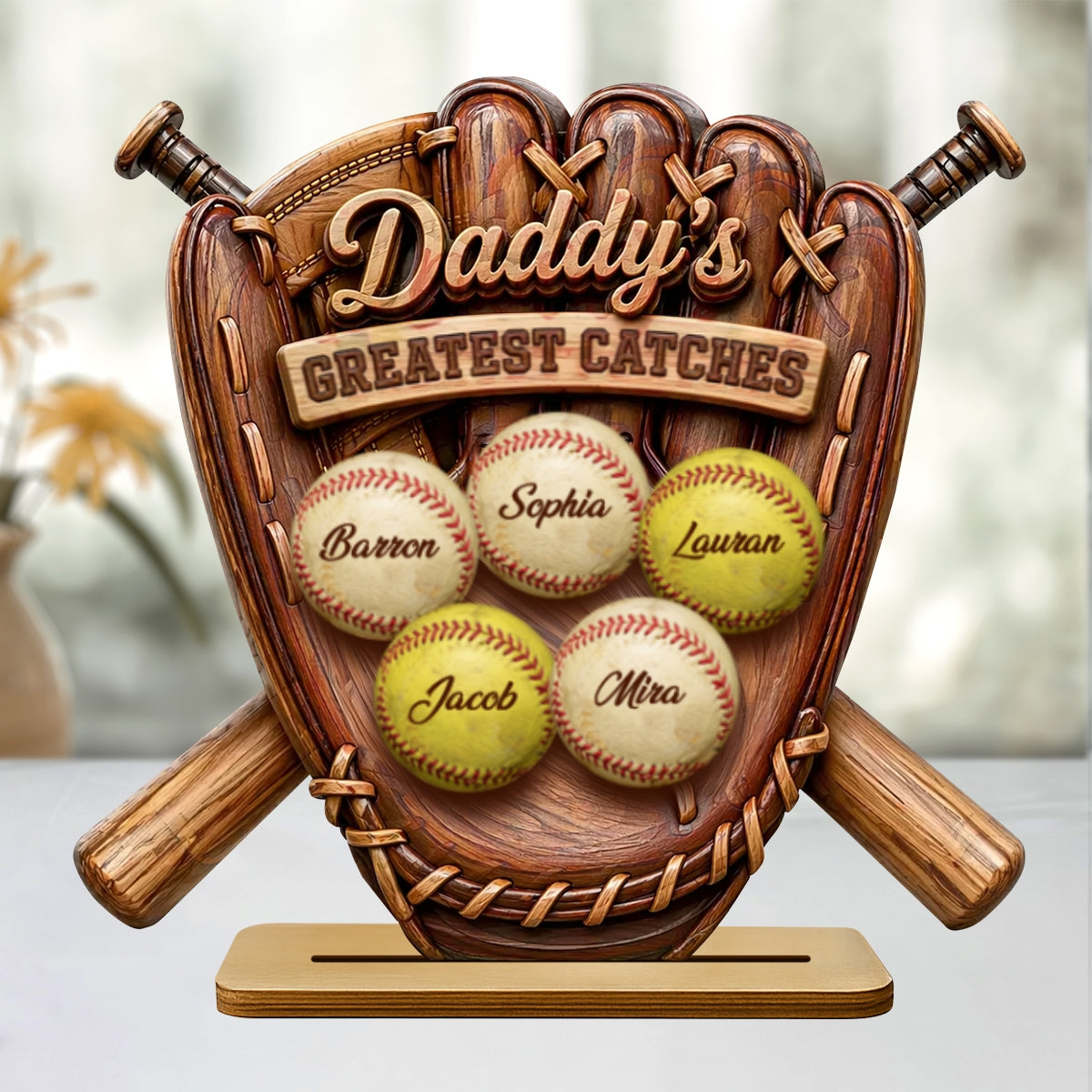 Daddy's Greatest Catches Baseball Softball - Personalized 2-Layered Wooden Plaque - Gift for Husband, Dad