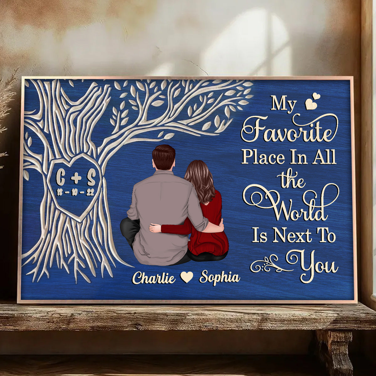 Favorite Place Next To You Couple Sitting Under Heart Carved Tree - Personalized Poster - Anniversary Gift, Valentine's Gift For Him, For Her