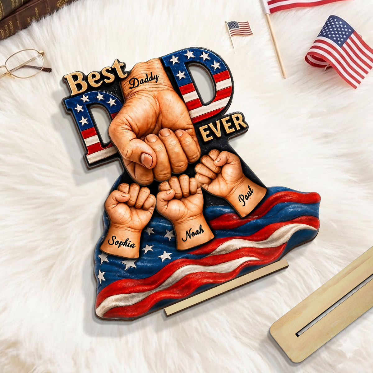 American Dad And Kids Fist Bump - Personalized 2-Layered Wooden Plaque - Gift For Dad, Husband
