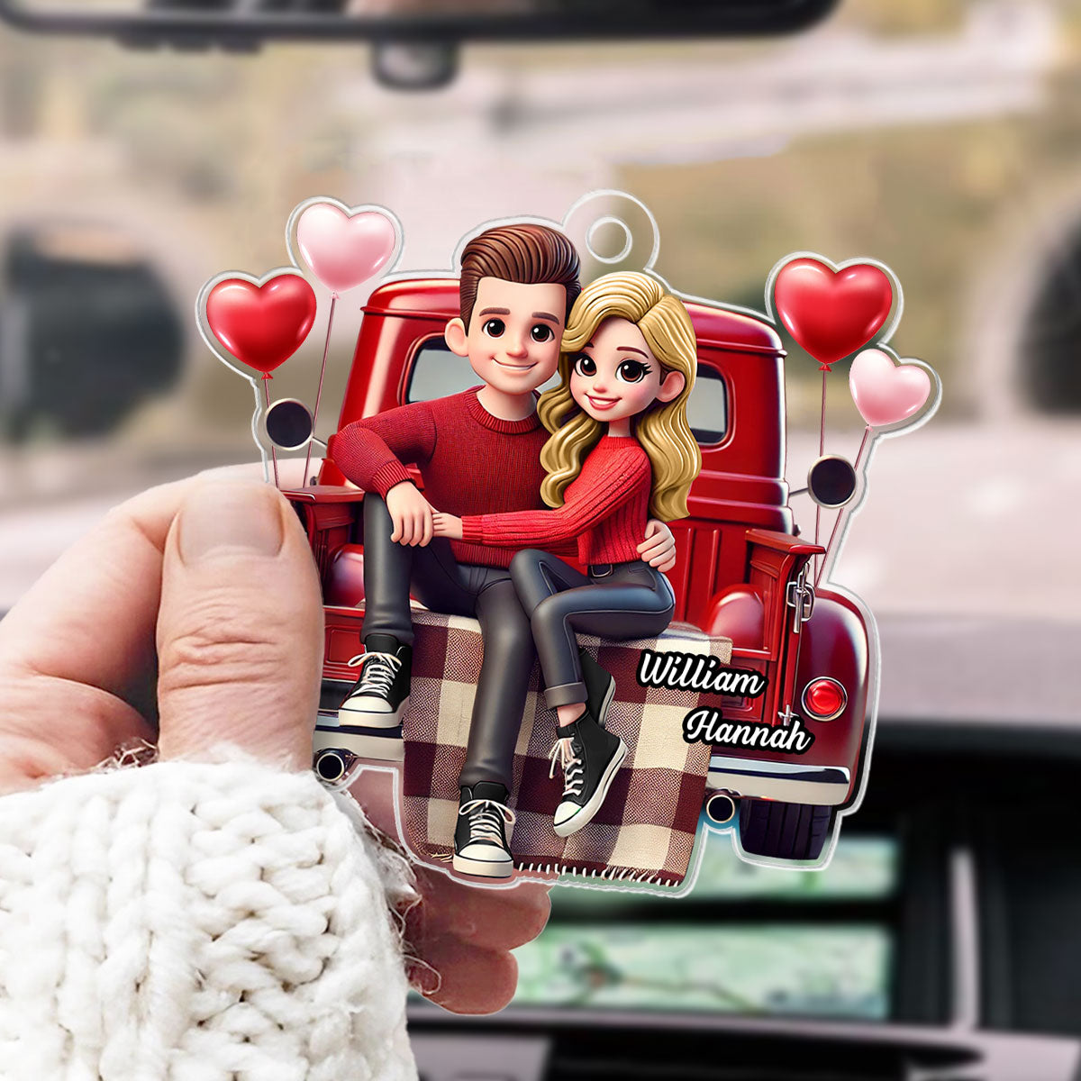 3D Effect Couple Sitting On Red Truck Personalized Acrylic Car Hanger, Gift, Anniversary Gift For Couples