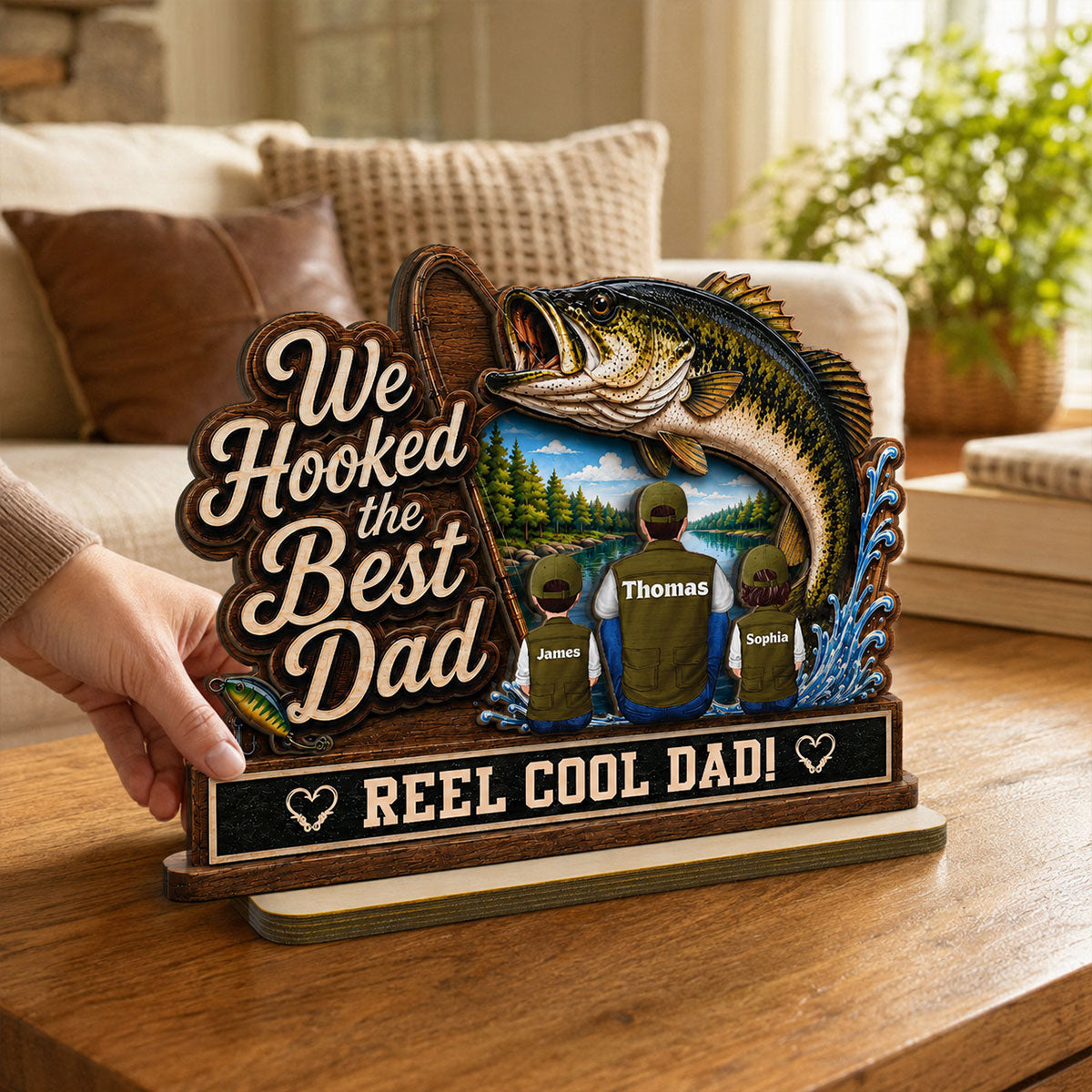 We Hooked The Best Dad Grandpa Back View 2D Flat - Personalized 2-Layered Wooden Plaque - Gift For Fishing Lovers