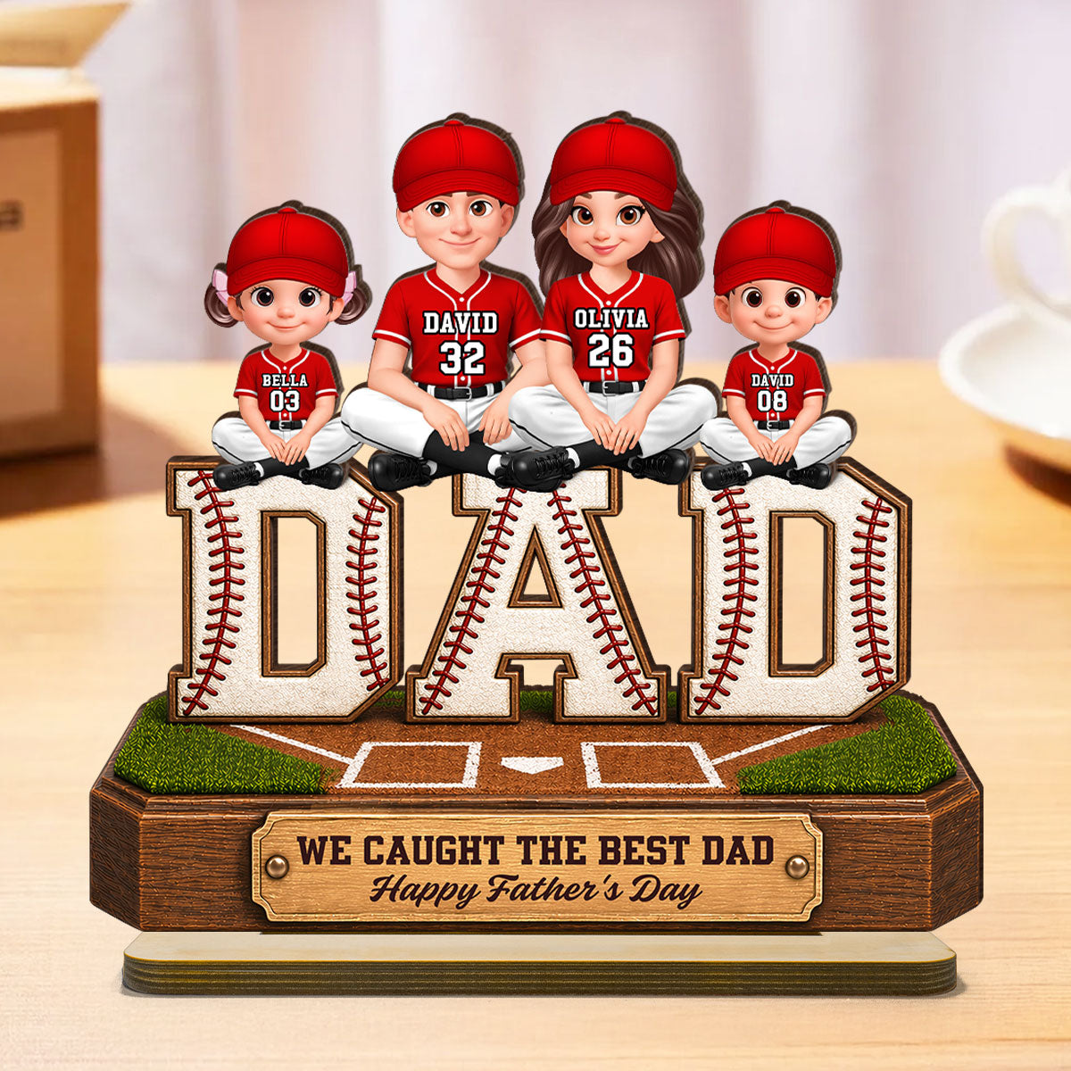 Baseball DAD We Caught The Best Dad - Personalized 2-Layered Wooden Plaque - Gift For Dad