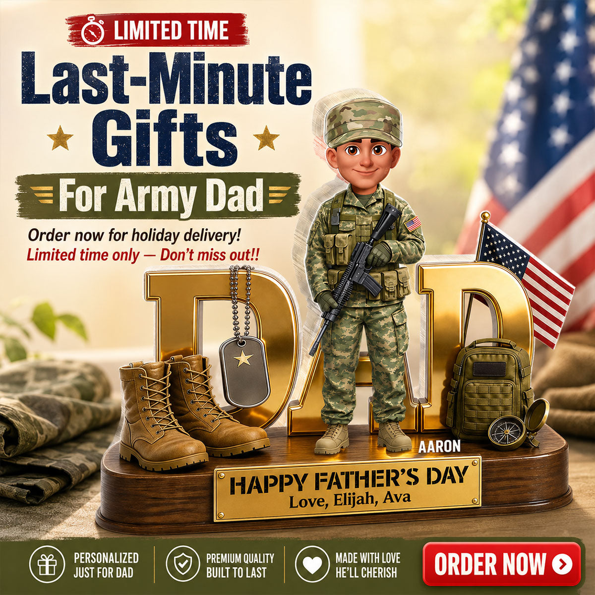 Proud American Military Armed Force Hero Dad 2D Flat - Personalized Acrylic Block Plaque - Gift For Dad
