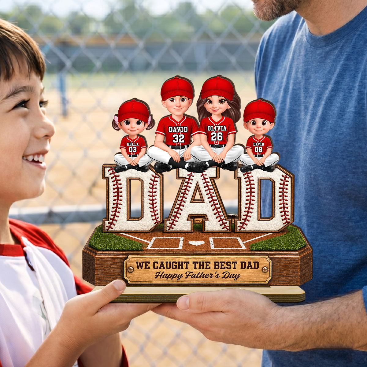 Baseball DAD We Caught The Best Dad - Personalized 2-Layered Wooden Plaque - Gift For Dad