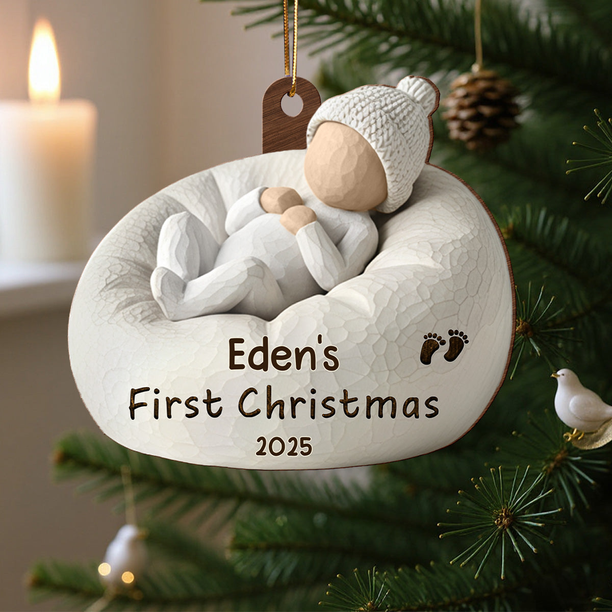 3D Effect Baby's First Christmas Baby On Beanbag Chair - Personalized Wooden Ornament