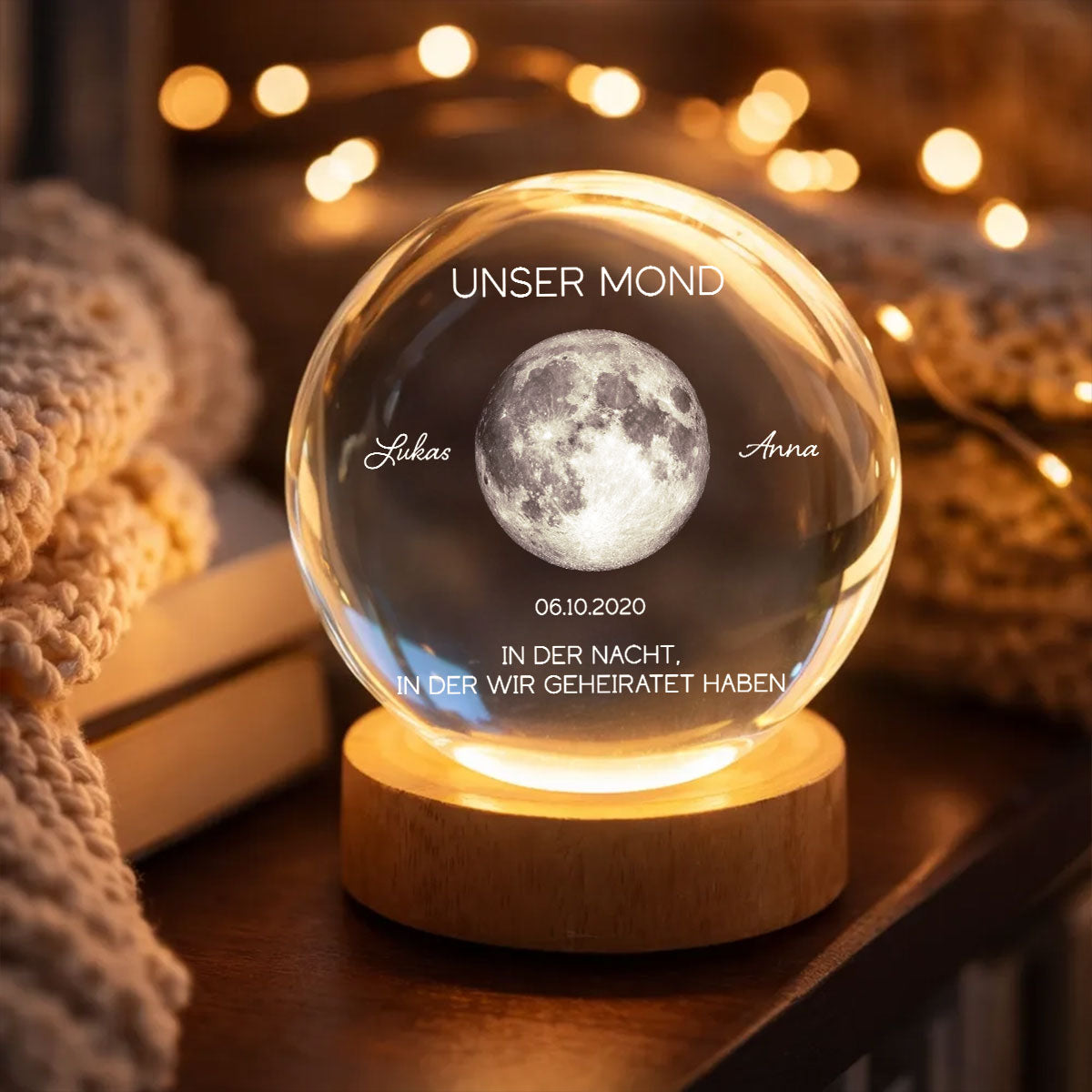 Unser Mond zum Wunschdatum – Personalisierte Mondphase – Kristallkugel Nachtlicht – Jahrestagsgeschenk fr Sie & Ihn