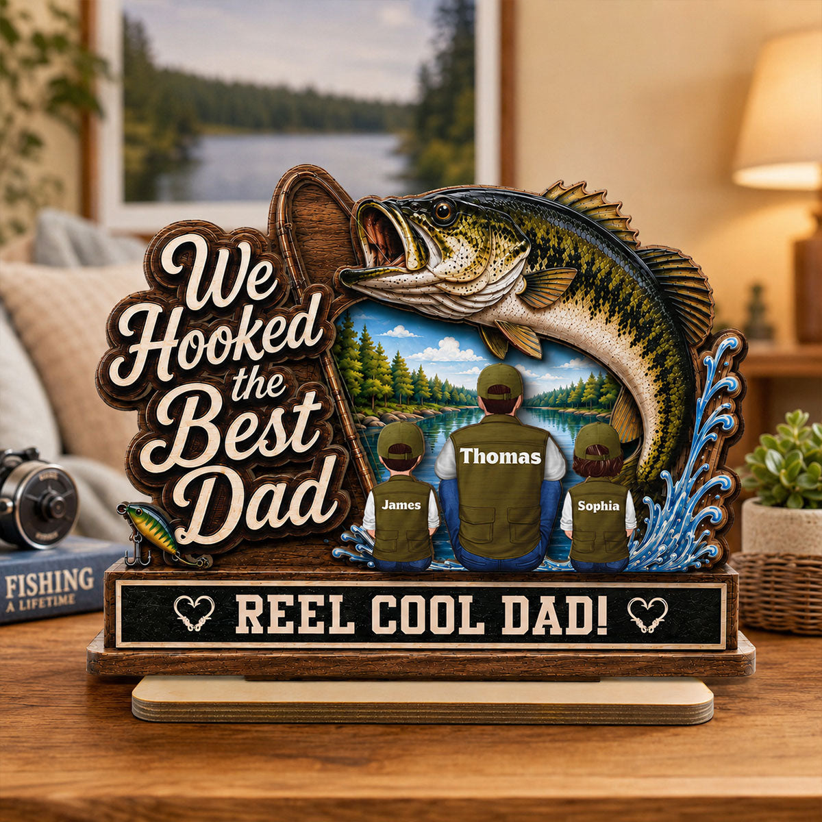 We Hooked The Best Dad Grandpa Back View 2D Flat - Personalized 2-Layered Wooden Plaque - Gift For Fishing Lovers