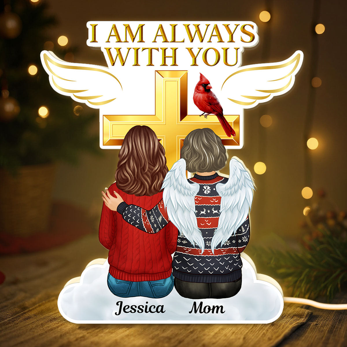 Always With You Family Cross Memorial Remembrance Keepsake Personalized Light Box, Christmas Decor Gift