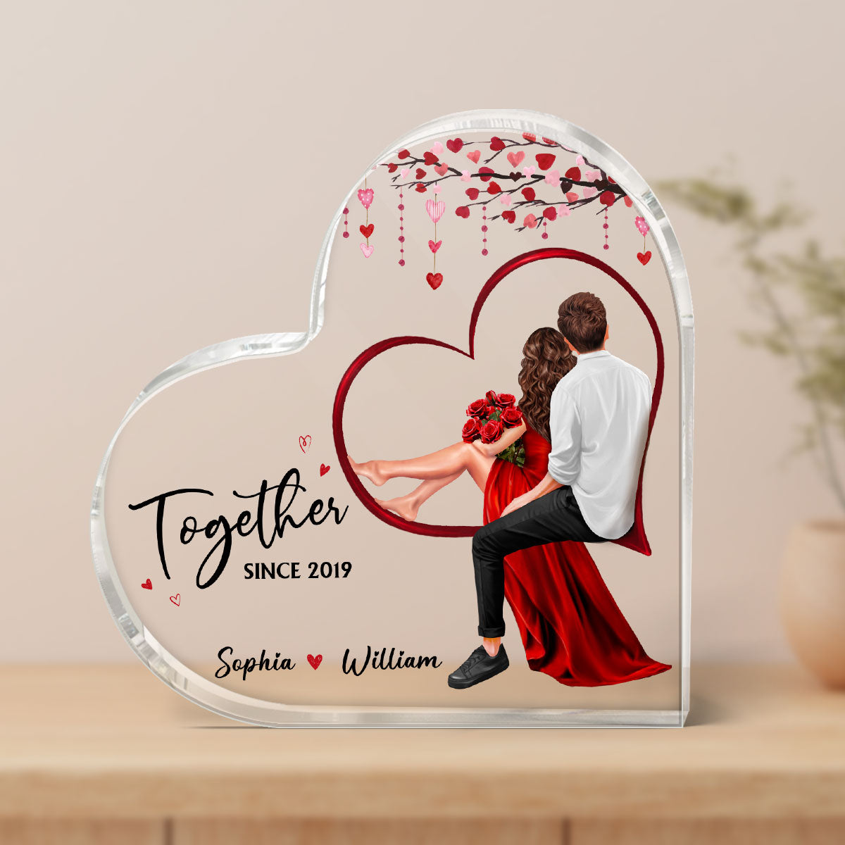 Embracing Couples Sitting On Heart Personalized Acrylic Heart Plaque, Gift, Anniversary Gift for Couples