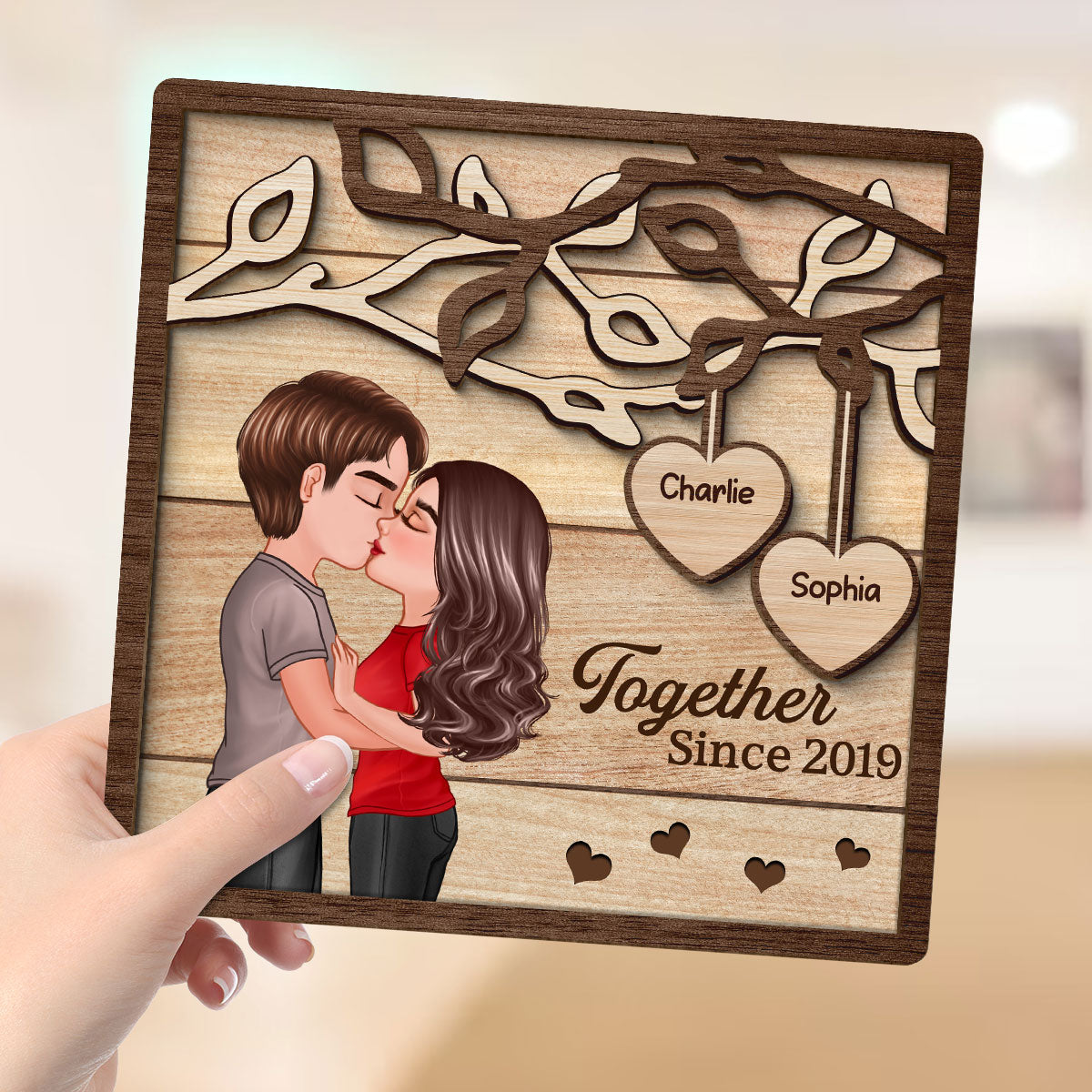 Couple Kissing Under Tree Personalized 2-Layer Wooden Plaque, Gift for Him, Gift for Her