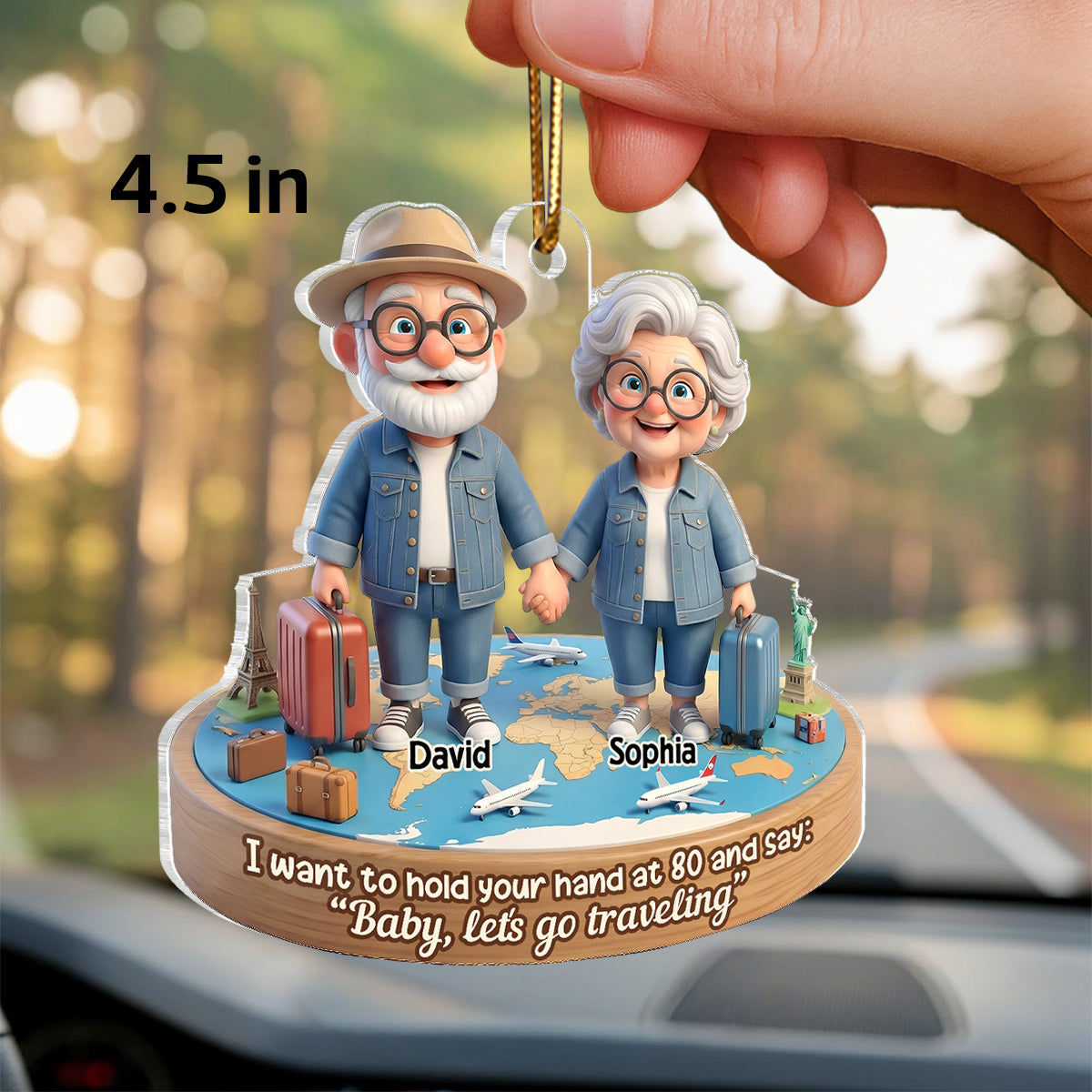 3D Effect Old Couple Baby Let's Go Traveling - Personalized Acrylic Car Hanger - Sentimental Gift for him, for her