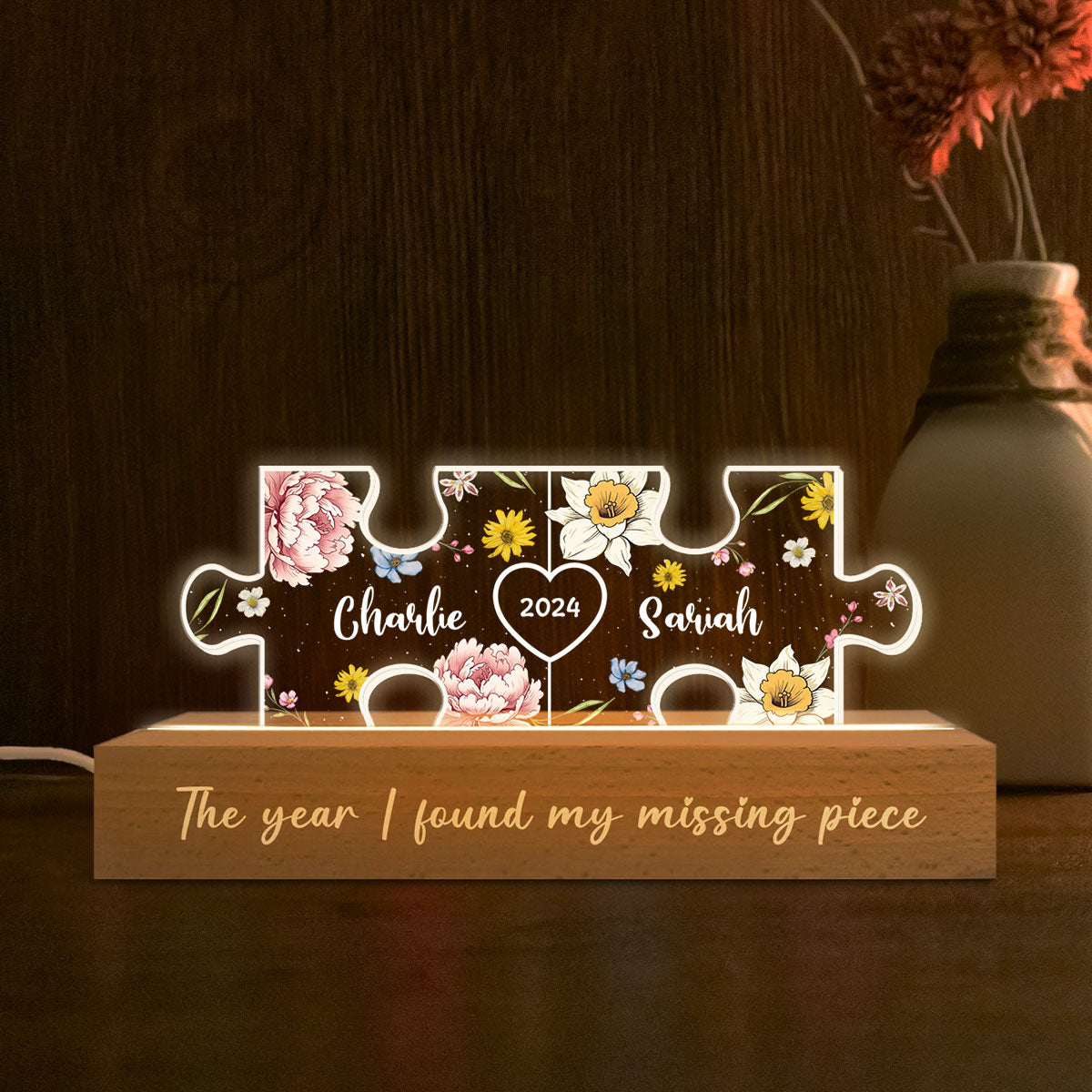Birth Month Flower Love Is The Piece That Holds Us Together Couple Name Puzzle LED Night Light, Personalized Romantic Home Bedroom Decor For Couples, Gifts For Her, For Him