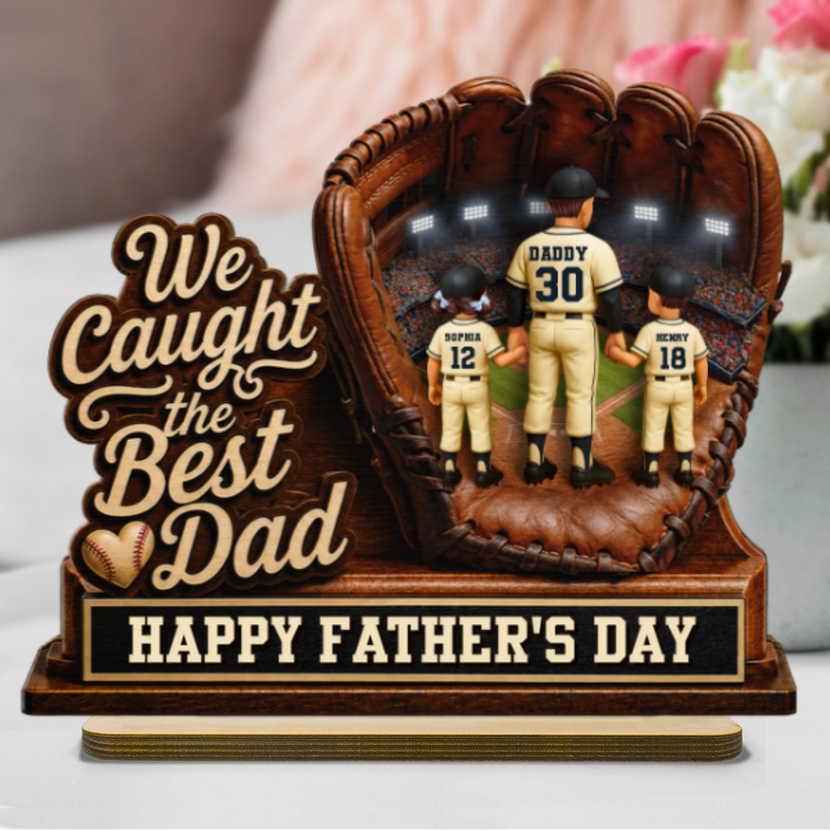 We Caught The Best Dad Dad & Kids In Glove - Personalized 2-Layered Wooden Plaque - Happy For Baseball Dad