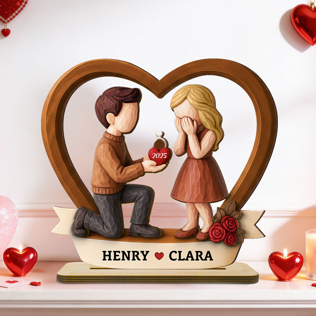 Couple Marriage Proposal 3D Wooden Effect - Personalized Wooden Plaque - Newly Engaged Gift, ""She Said Yes!""