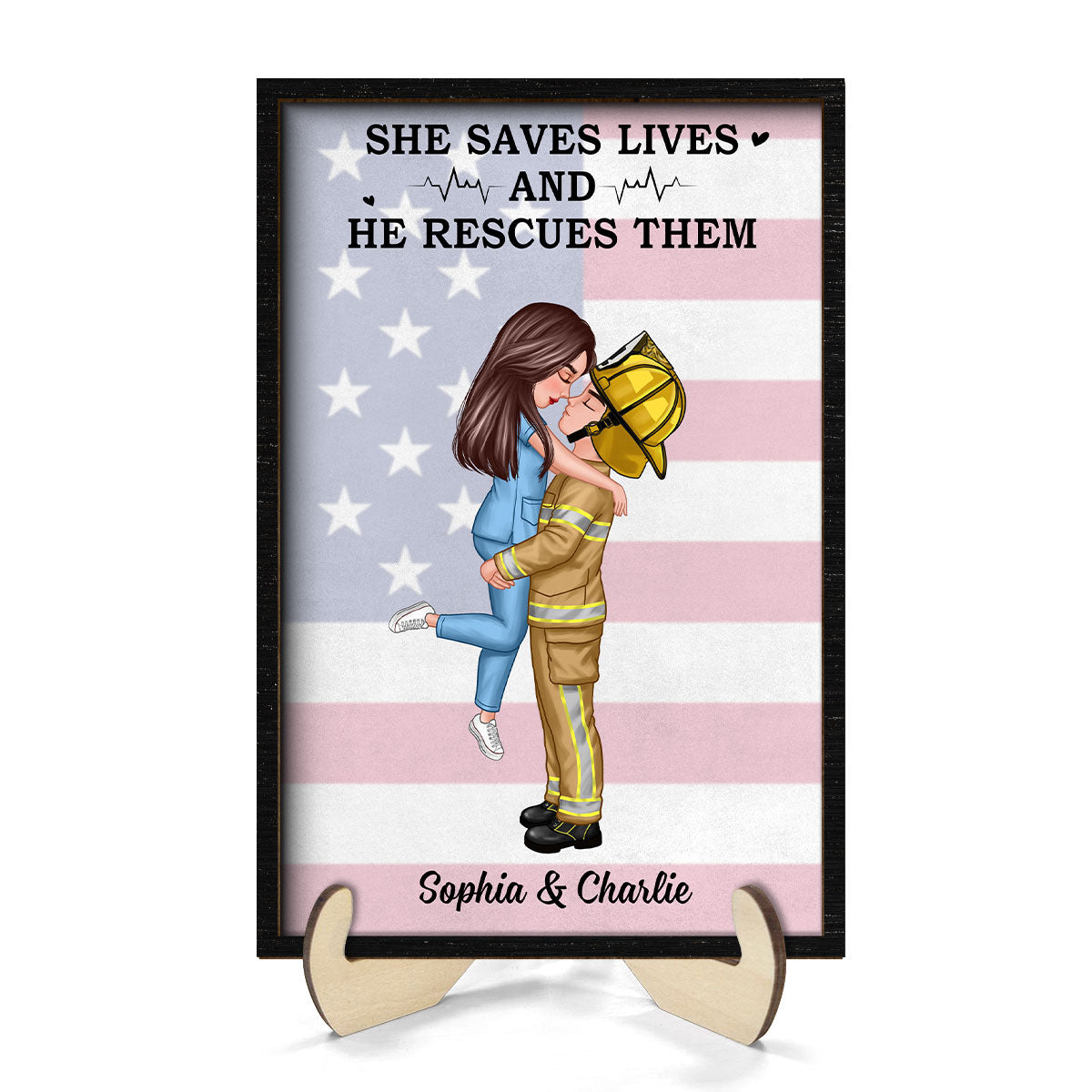 Nation Flag Couple Valentine‘s Day Gifts by Occupation Gift For Her Gift For Him Firefighter, Nurse, Police Officer Personalized 2-Layer Wooden Plaque