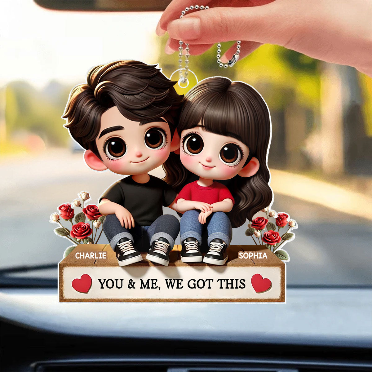 3D Effect Cartoon Couple Sitting Next To Each Other Personalized Acrylic Car Hanger, Anniversary Gift for him, Gift for her