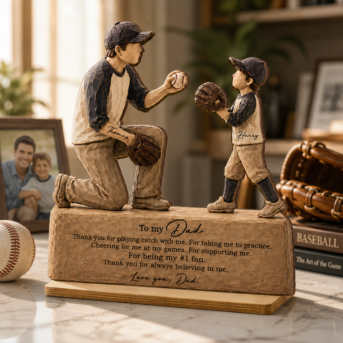 To My Baseball Dad Thanks for Playing Catch with Me - Personalized 2-Layered Wooden Plaque - Gift for Dad from Son