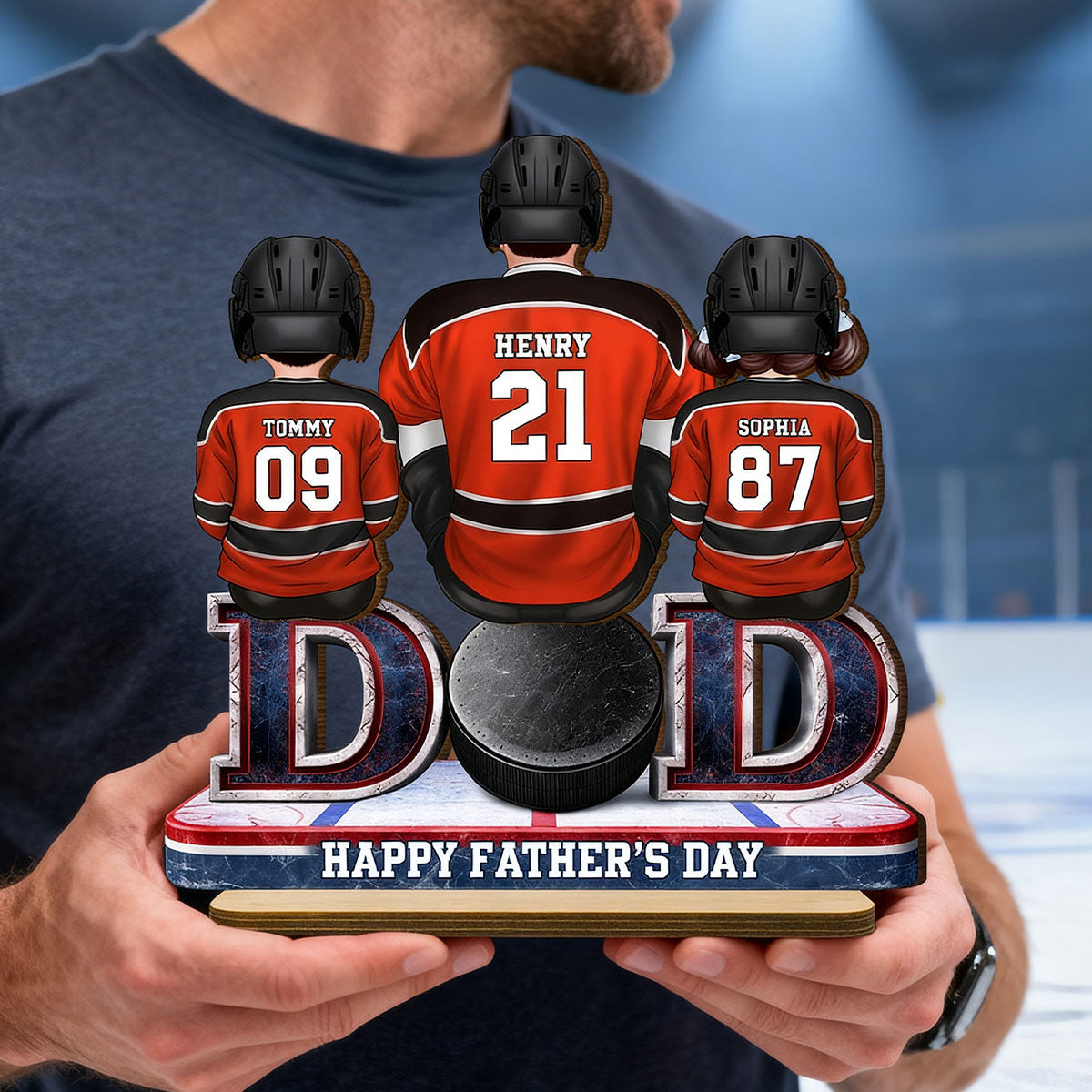Hockey Dad And Kids Sitting Together - Personalized 2-Layered Wooden Plaque - Gift, Gift For Hockey Dad, Gift For Husband
