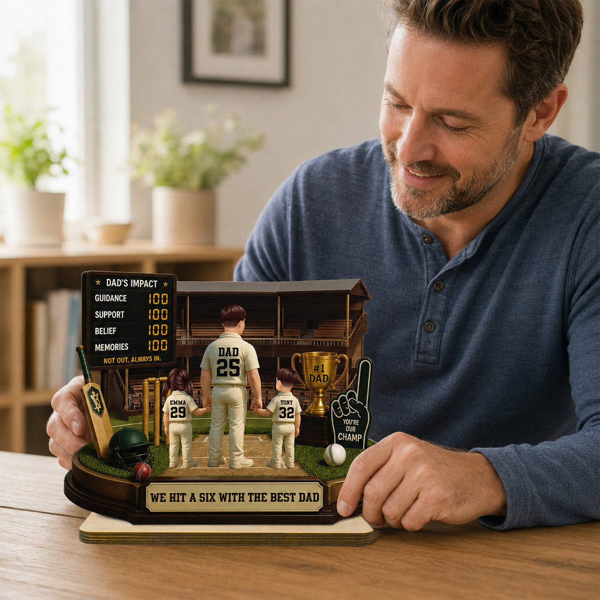 Hit A Six With The Best Dad Cricket Dad - Personalised 2-Layered Wooden Plaque - Gift For Husband, Dad