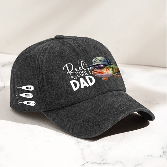 Father's Day Gifts, Reel Cool Dad, Grandpa, Papa - Custom Kids' Names - Personalized Distressed Denim Cap