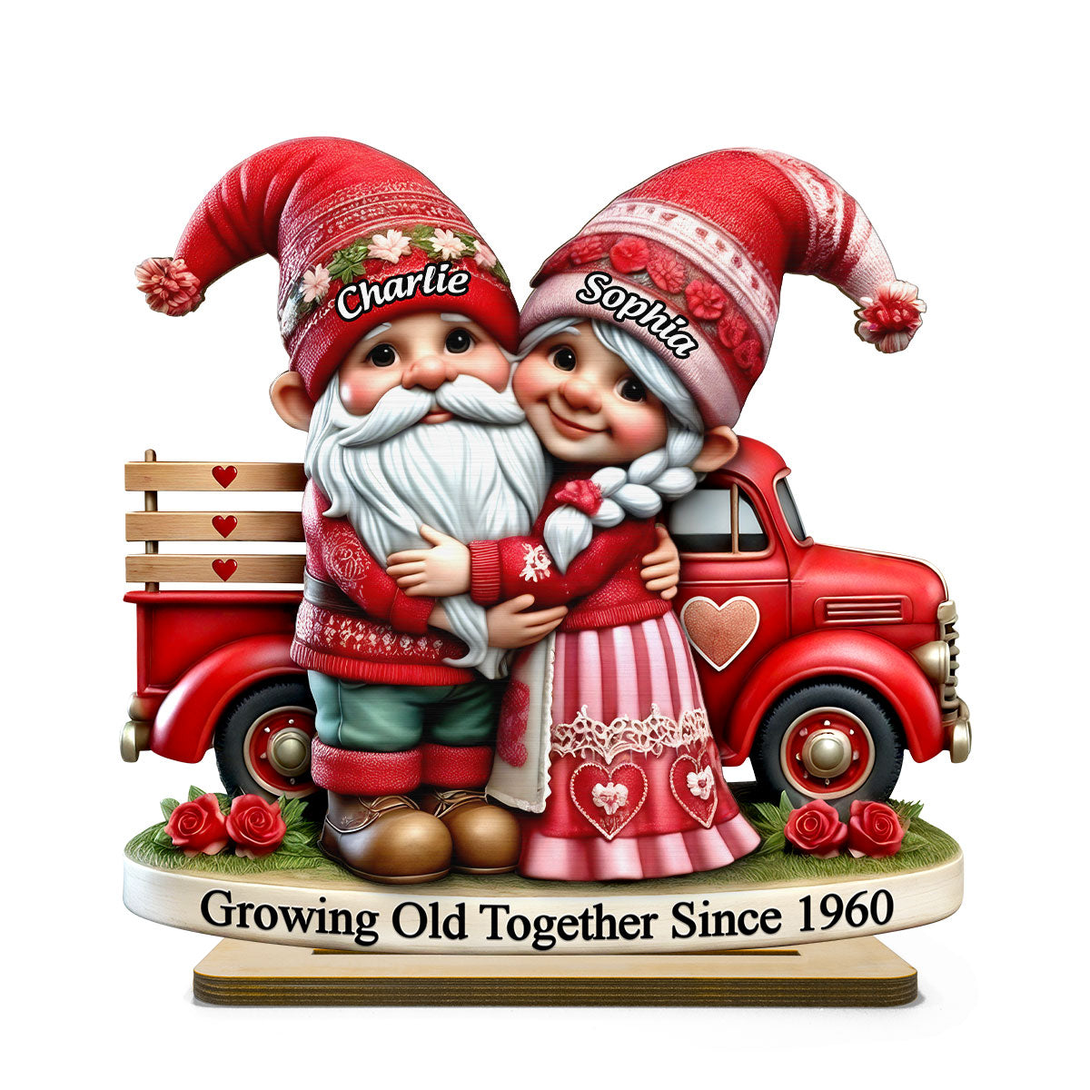 3D Effect Gnome Couple Truck Personalized 2-Layer Standing Wooden Plaque, Heartfelt Gift For Her, For Wife