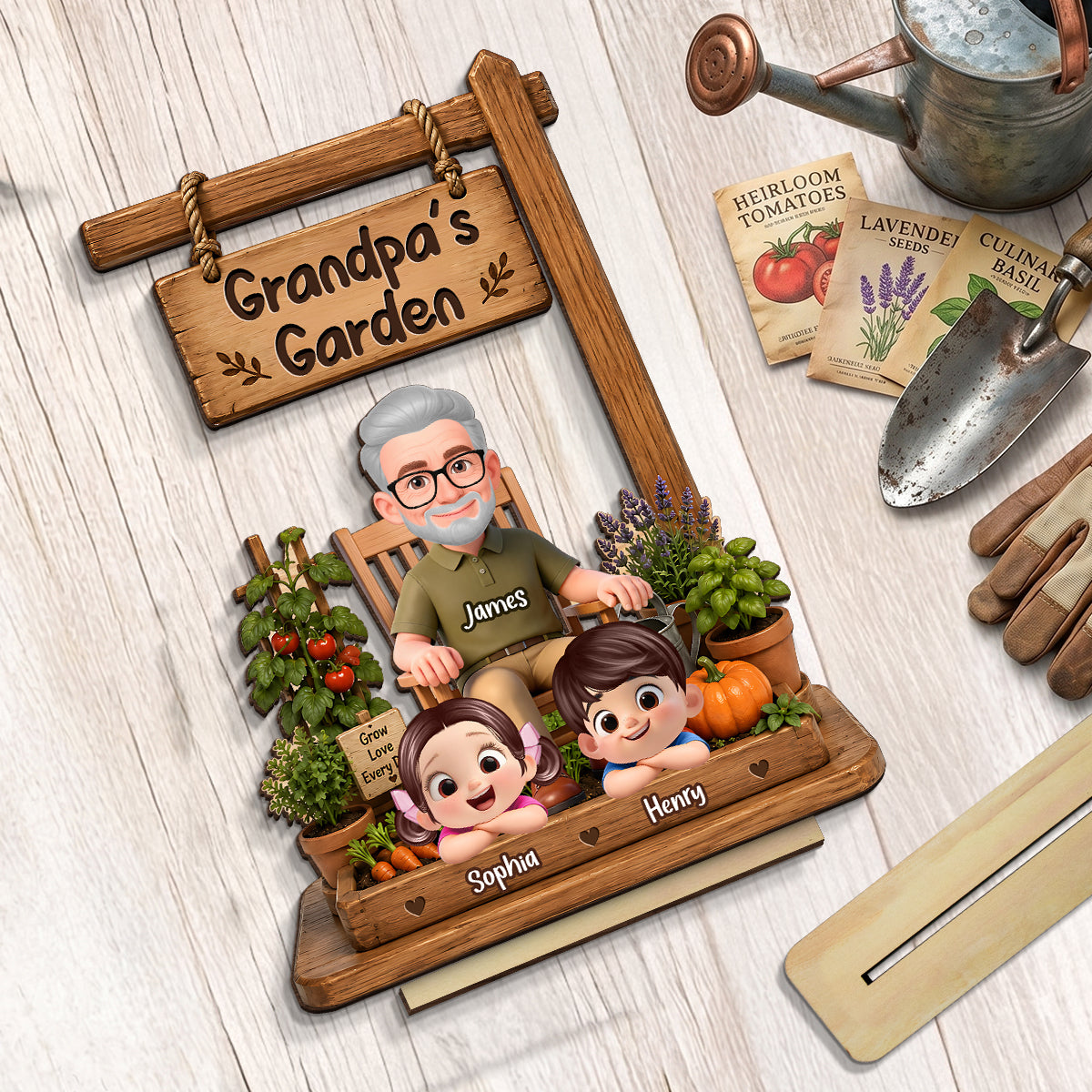 Grandpa's Garden - Personalized 2-Layered Wooden Plaque - Gift for Dad, Husband