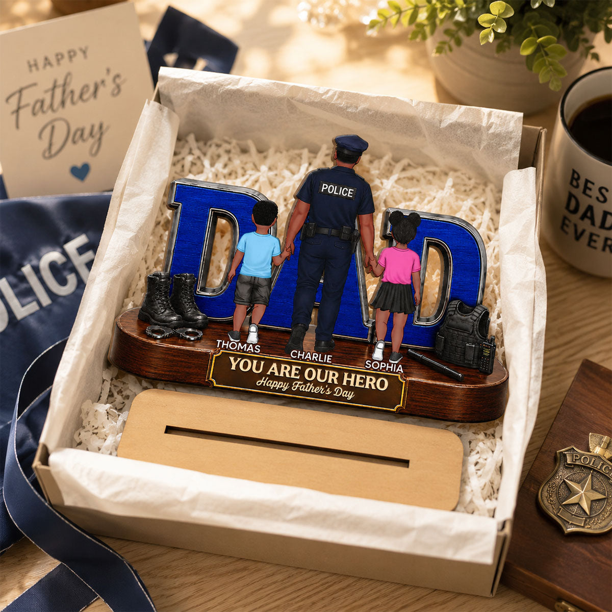 Proud American Police Dad You Are Our Hero - Personalized 2-Layered Wooden Plaque - Gift For Dad