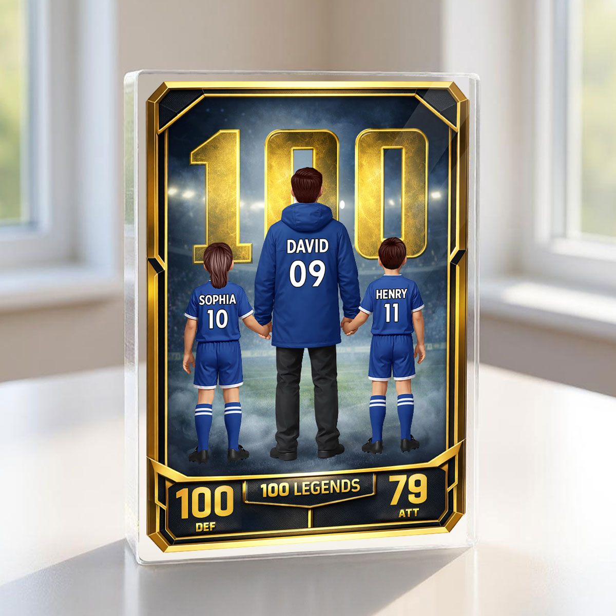 Father And Kids 100 Legends Trading Card - Personalised Acrylic Block Plaque - UK Gift For Football Dad