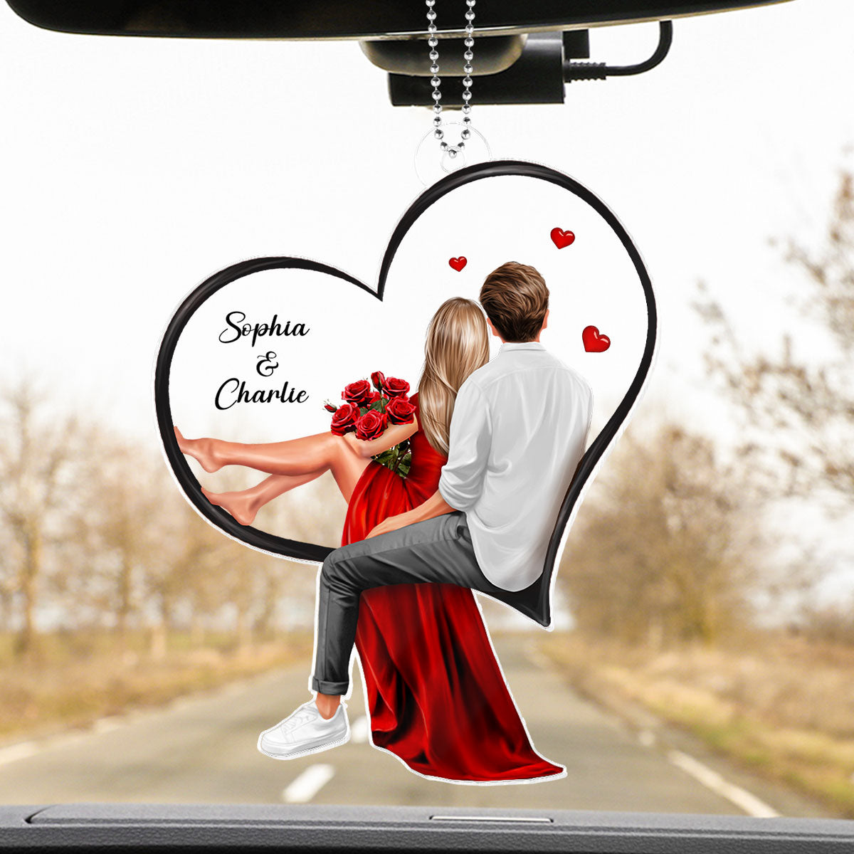 Couple Sitting On Heart Personalized Acrylic Car Hanger, Gift, Anniversary Gift for Couples