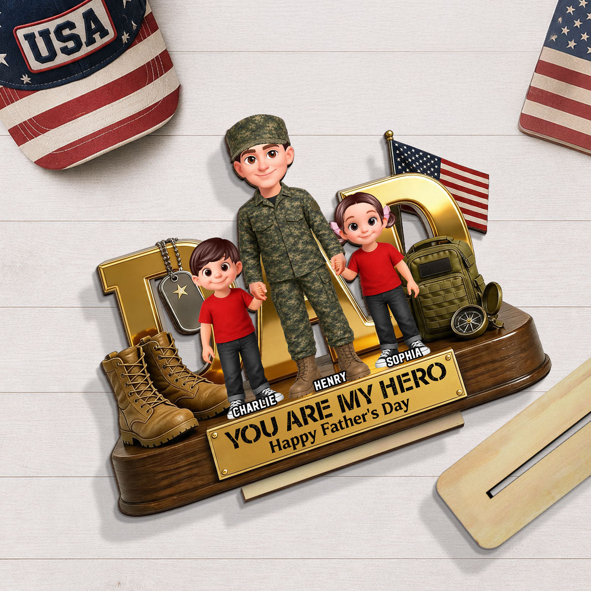 Proud American Millitary Dad - Personalized 2-Layered Wooden Plaque - Gift For Dad, Husband
