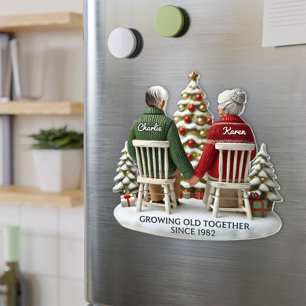 3D Back View Couple Growing Old Together Personalized Acrylic Fridge Magnet, 2025 Heartfelt Gift, Anniversary Gift For Couple, For Him, For Her, Husband, Wife